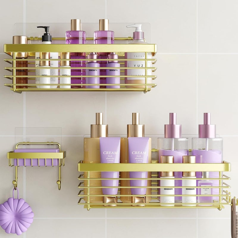 ODesign Shower Caddy 3 Pack SUS304 Stainless Steel-No Drilling-Shower Bathroom Shelves Rack,Rustproof Wall Mounted,Adhesive Shower Shelf Basket Organizer-Golden - Image 1
